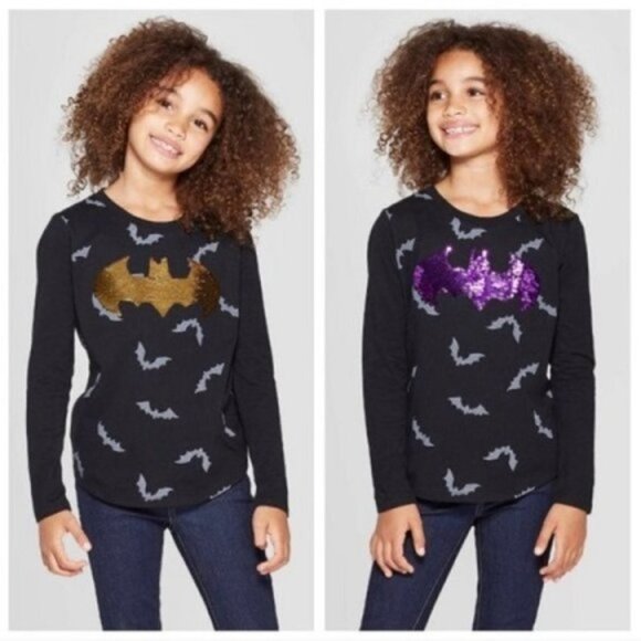BATMAN GIRLS FLIP SEQUIN LONG SLEEVE TOP - BLACK MULTI SIZES (NEW WITH TAGS) - Picture 1 of 1